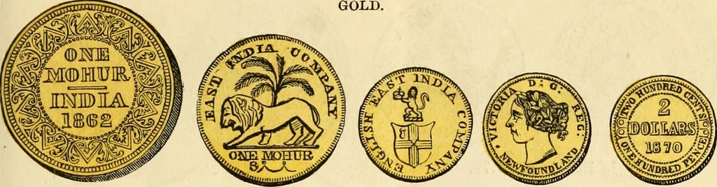 An illustration from coin chart manual : supplementary to Thompson's Bank note and commercial reporter, containing facsimiles of all the gold and silver coins found in circulation, throughout the world, with the intrinsic value of each, The, 1879, leaf 18