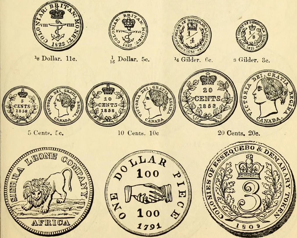 An illustration from coin chart manual : supplementary to Thompson's Bank note and commercial reporter, containing facsimiles of all the gold and silver coins found in circulation, throughout the world, with the intrinsic value of each, The, 1879, leaf 18