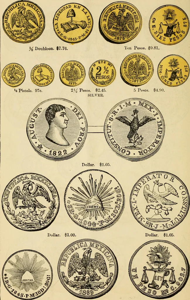 An illustration from coin chart manual : supplementary to Thompson's Bank note and commercial reporter, containing facsimiles of all the gold and silver coins found in circulation, throughout the world, with the intrinsic value of each, The, 1879, leaf 19