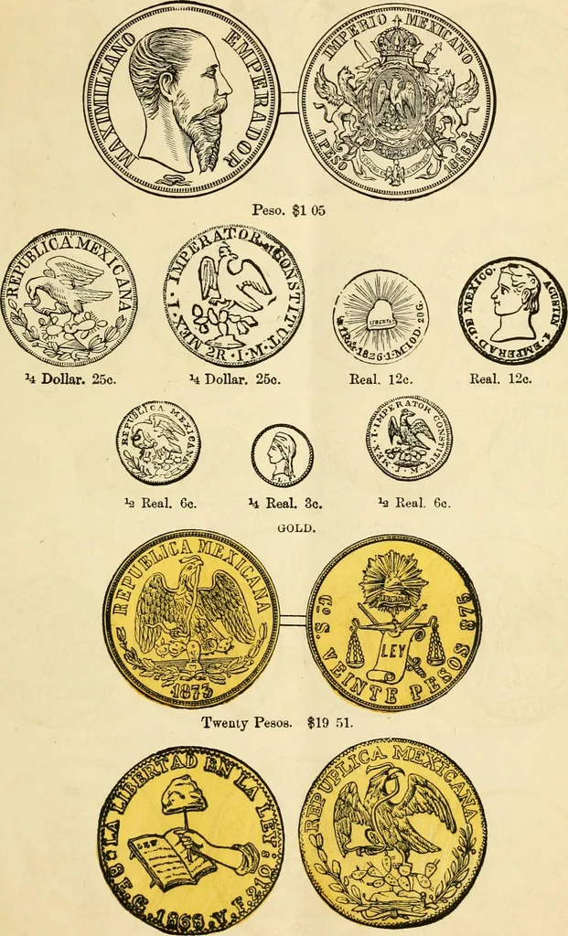 An illustration from coin chart manual : supplementary to Thompson's Bank note and commercial reporter, containing facsimiles of all the gold and silver coins found in circulation, throughout the world, with the intrinsic value of each, The, 1879, leaf 20