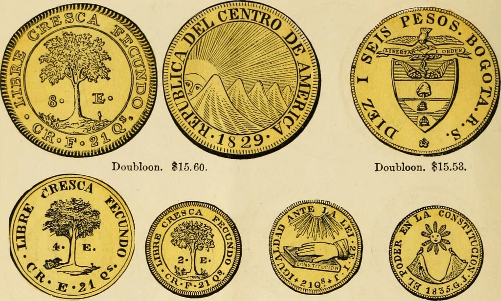 An illustration from coin chart manual : supplementary to Thompson's Bank note and commercial reporter, containing facsimiles of all the gold and silver coins found in circulation, throughout the world, with the intrinsic value of each, The, 1879, leaf 21