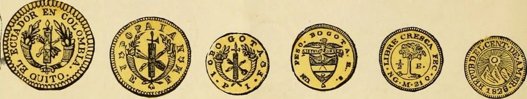 An illustration from coin chart manual : supplementary to Thompson's Bank note and commercial reporter, containing facsimiles of all the gold and silver coins found in circulation, throughout the world, with the intrinsic value of each, The, 1879, leaf 21