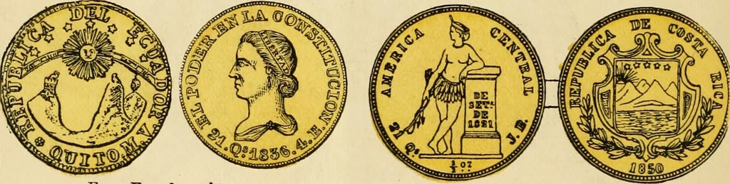 An illustration from coin chart manual : supplementary to Thompson's Bank note and commercial reporter, containing facsimiles of all the gold and silver coins found in circulation, throughout the world, with the intrinsic value of each, The, 1879, leaf 21