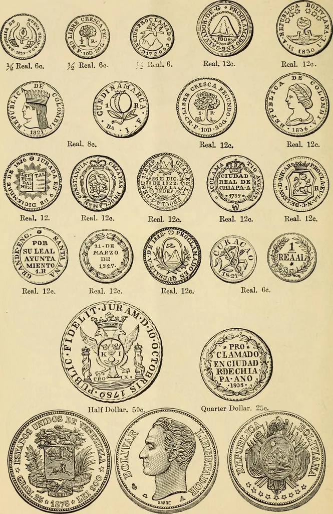 An illustration from coin chart manual : supplementary to Thompson's Bank note and commercial reporter, containing facsimiles of all the gold and silver coins found in circulation, throughout the world, with the intrinsic value of each, The, 1879, leaf 23