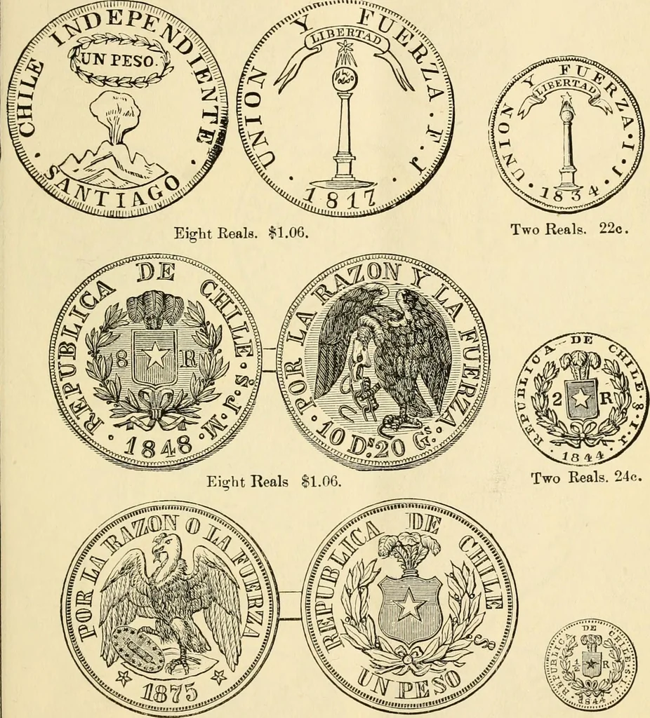 An illustration from coin chart manual : supplementary to Thompson's Bank note and commercial reporter, containing facsimiles of all the gold and silver coins found in circulation, throughout the world, with the intrinsic value of each, The, 1879, leaf 24