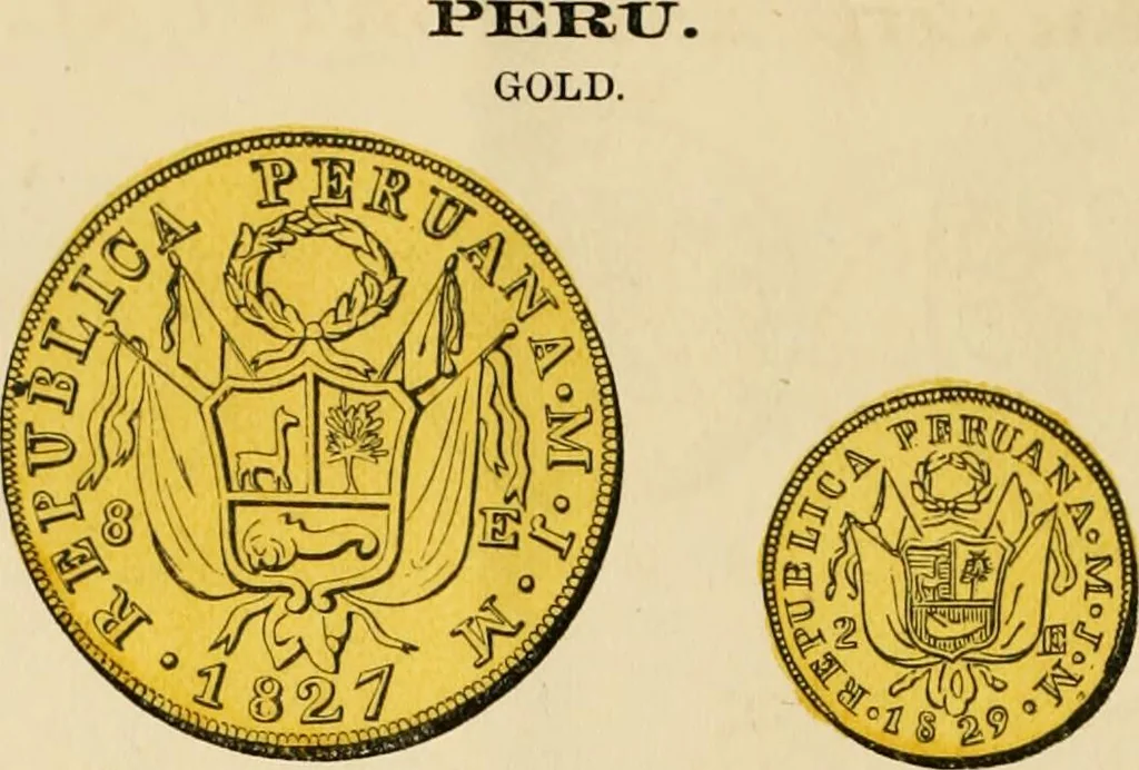 An illustration from coin chart manual : supplementary to Thompson's Bank note and commercial reporter, containing facsimiles of all the gold and silver coins found in circulation, throughout the world, with the intrinsic value of each, The, 1879, leaf 25