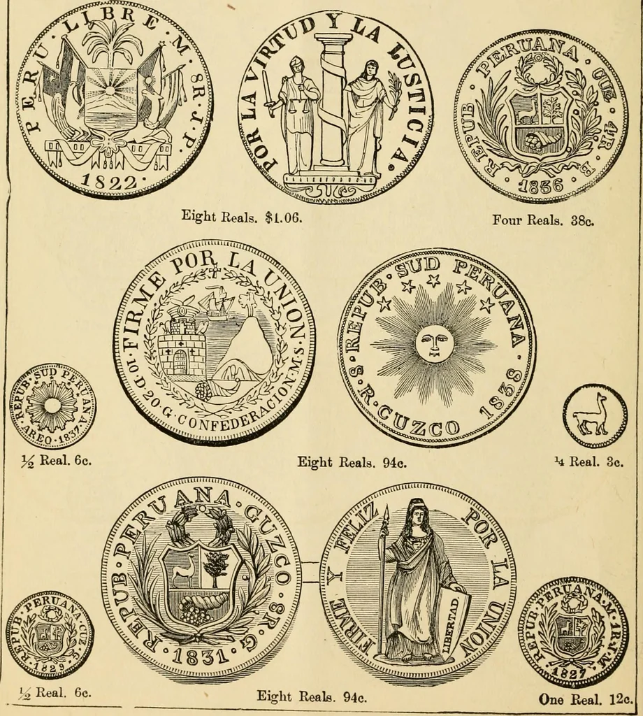 An illustration from coin chart manual : supplementary to Thompson's Bank note and commercial reporter, containing facsimiles of all the gold and silver coins found in circulation, throughout the world, with the intrinsic value of each, The, 1879, leaf 25