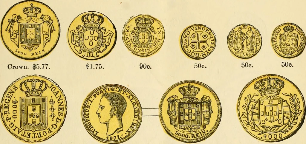 An illustration from coin chart manual : supplementary to Thompson's Bank note and commercial reporter, containing facsimiles of all the gold and silver coins found in circulation, throughout the world, with the intrinsic value of each, The, 1879, leaf 26