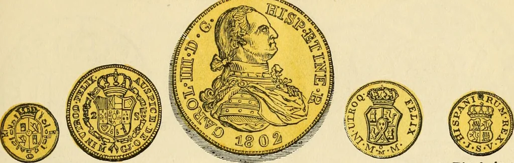 An illustration from coin chart manual : supplementary to Thompson's Bank note and commercial reporter, containing facsimiles of all the gold and silver coins found in circulation, throughout the world, with the intrinsic value of each, The, 1879, leaf 28