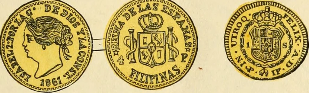 An illustration from coin chart manual : supplementary to Thompson's Bank note and commercial reporter, containing facsimiles of all the gold and silver coins found in circulation, throughout the world, with the intrinsic value of each, The, 1879, leaf 28