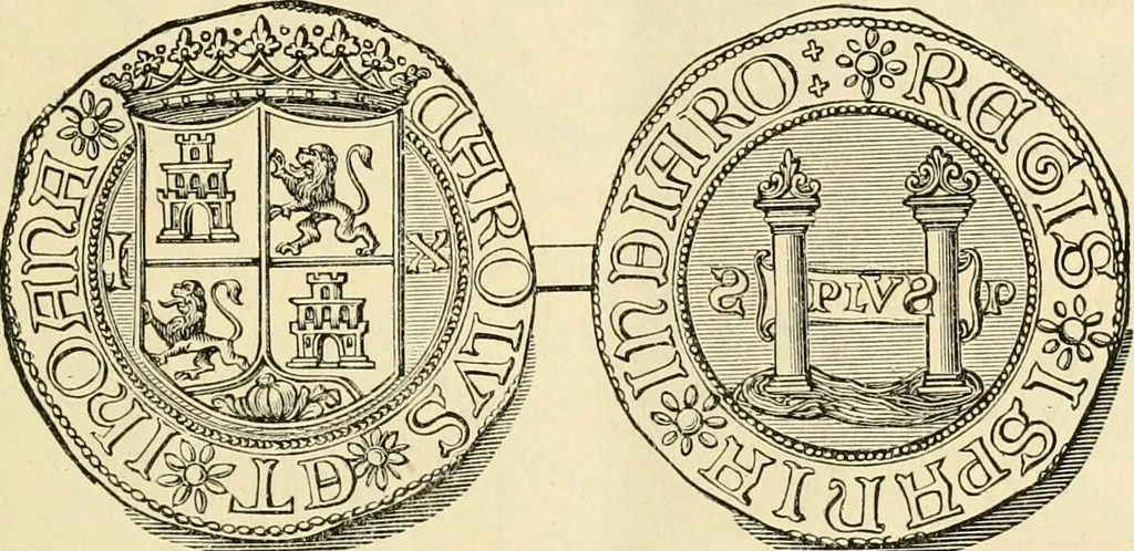 An illustration from coin chart manual : supplementary to Thompson's Bank note and commercial reporter, containing facsimiles of all the gold and silver coins found in circulation, throughout the world, with the intrinsic value of each, The, 1879, leaf 28