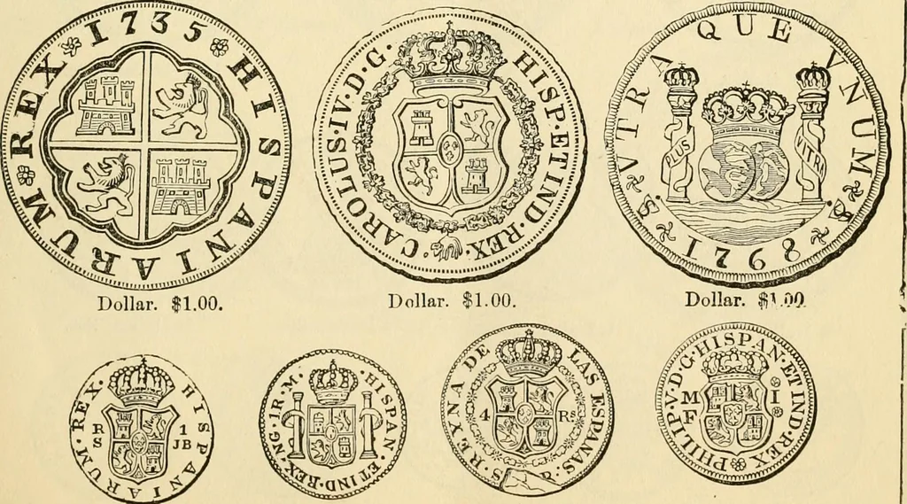 An illustration from coin chart manual : supplementary to Thompson's Bank note and commercial reporter, containing facsimiles of all the gold and silver coins found in circulation, throughout the world, with the intrinsic value of each, The, 1879, leaf 28