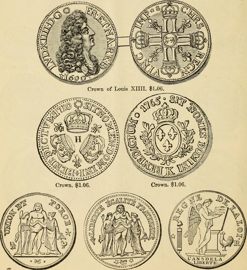 An illustration from coin chart manual : supplementary to Thompson's Bank note and commercial reporter, containing facsimiles of all the gold and silver coins found in circulation, throughout the world, with the intrinsic value of each, The, 1879, leaf 31