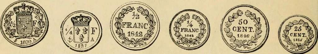An illustration from coin chart manual : supplementary to Thompson's Bank note and commercial reporter, containing facsimiles of all the gold and silver coins found in circulation, throughout the world, with the intrinsic value of each, The, 1879, leaf 33