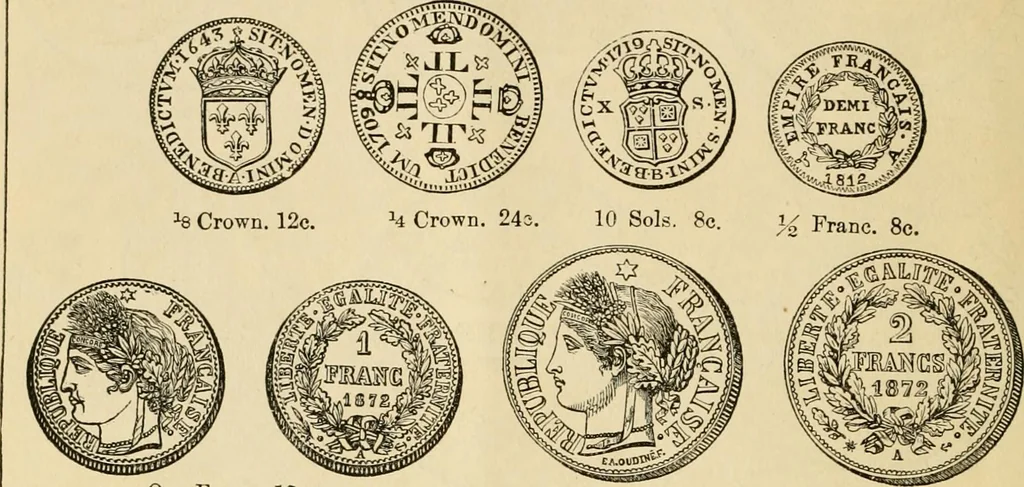 An illustration from coin chart manual : supplementary to Thompson's Bank note and commercial reporter, containing facsimiles of all the gold and silver coins found in circulation, throughout the world, with the intrinsic value of each, The, 1879, leaf 33