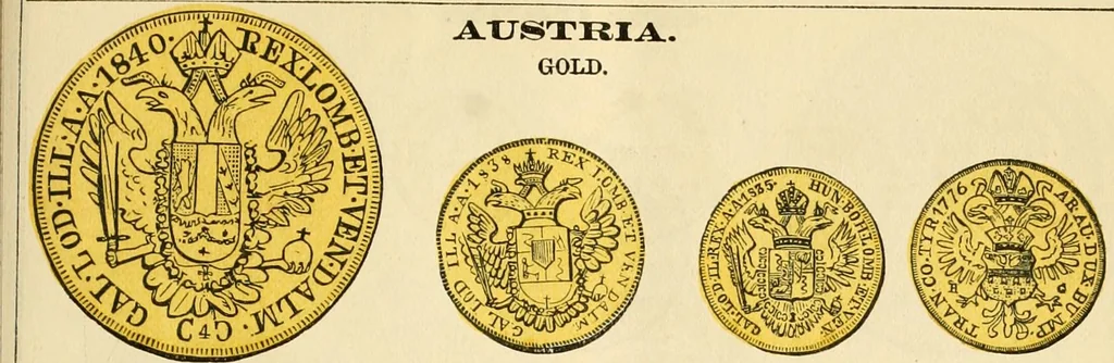 An illustration from coin chart manual : supplementary to Thompson's Bank note and commercial reporter, containing facsimiles of all the gold and silver coins found in circulation, throughout the world, with the intrinsic value of each, The, 1879, leaf 34