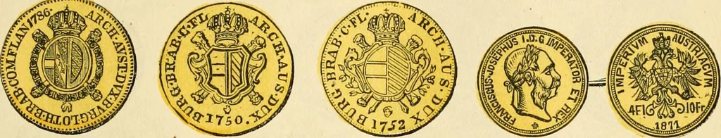 An illustration from coin chart manual : supplementary to Thompson's Bank note and commercial reporter, containing facsimiles of all the gold and silver coins found in circulation, throughout the world, with the intrinsic value of each, The, 1879, leaf 34