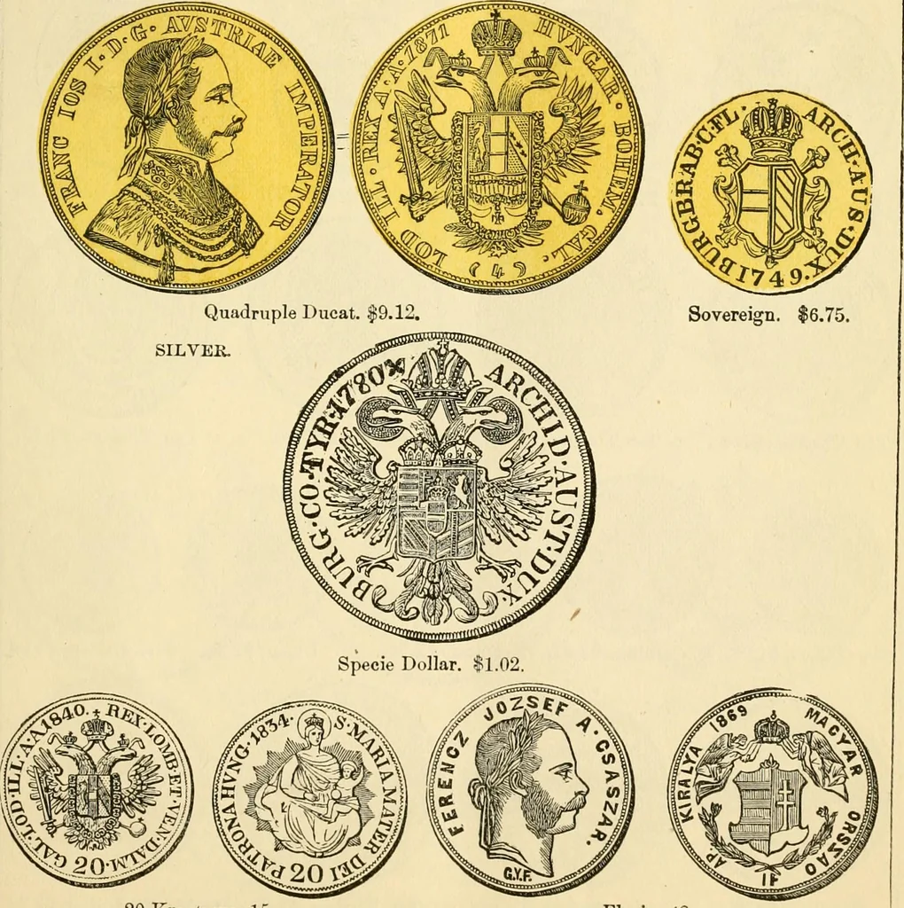 An illustration from coin chart manual : supplementary to Thompson's Bank note and commercial reporter, containing facsimiles of all the gold and silver coins found in circulation, throughout the world, with the intrinsic value of each, The, 1879, leaf 34