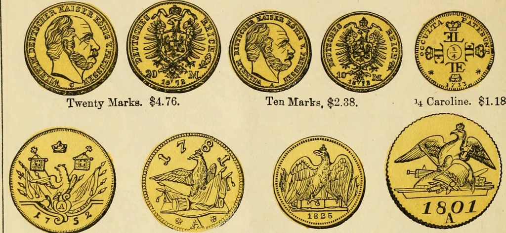 An illustration from coin chart manual : supplementary to Thompson's Bank note and commercial reporter, containing facsimiles of all the gold and silver coins found in circulation, throughout the world, with the intrinsic value of each, The, 1879, leaf 35
