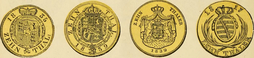 An illustration from coin chart manual : supplementary to Thompson's Bank note and commercial reporter, containing facsimiles of all the gold and silver coins found in circulation, throughout the world, with the intrinsic value of each, The, 1879, leaf 35