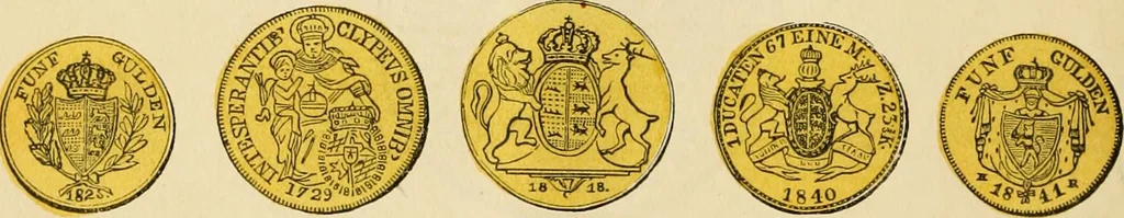 An illustration from coin chart manual : supplementary to Thompson's Bank note and commercial reporter, containing facsimiles of all the gold and silver coins found in circulation, throughout the world, with the intrinsic value of each, The, 1879, leaf 35