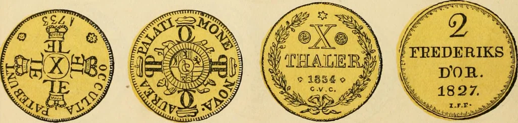 An illustration from coin chart manual : supplementary to Thompson's Bank note and commercial reporter, containing facsimiles of all the gold and silver coins found in circulation, throughout the world, with the intrinsic value of each, The, 1879, leaf 35