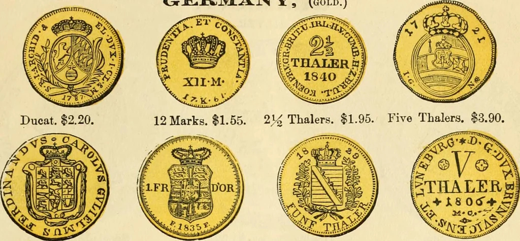 An illustration from coin chart manual : supplementary to Thompson's Bank note and commercial reporter, containing facsimiles of all the gold and silver coins found in circulation, throughout the world, with the intrinsic value of each, The, 1879, leaf 36