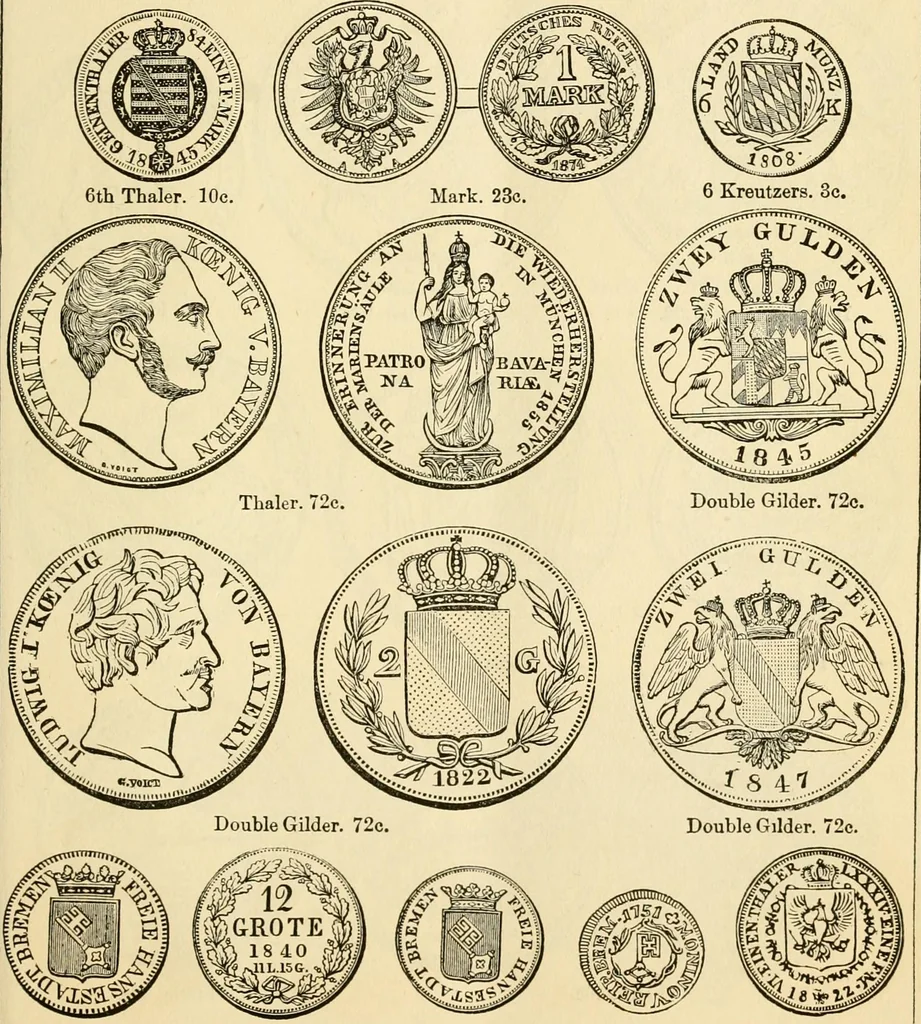 An illustration from coin chart manual : supplementary to Thompson's Bank note and commercial reporter, containing facsimiles of all the gold and silver coins found in circulation, throughout the world, with the intrinsic value of each, The, 1879, leaf 36