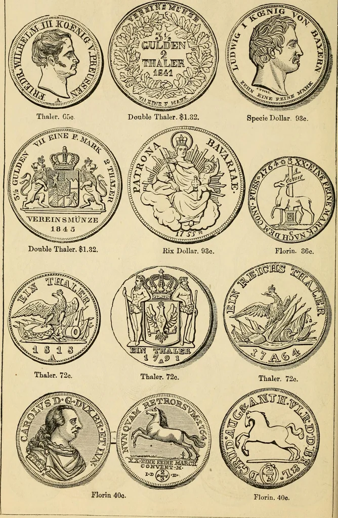An illustration from coin chart manual : supplementary to Thompson's Bank note and commercial reporter, containing facsimiles of all the gold and silver coins found in circulation, throughout the world, with the intrinsic value of each, The, 1879, leaf 37
