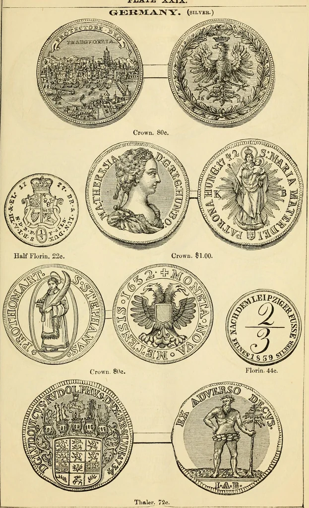 An illustration from coin chart manual : supplementary to Thompson's Bank note and commercial reporter, containing facsimiles of all the gold and silver coins found in circulation, throughout the world, with the intrinsic value of each, The, 1879, leaf 38