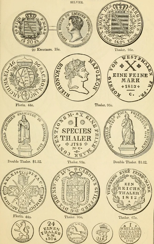 An illustration from coin chart manual : supplementary to Thompson's Bank note and commercial reporter, containing facsimiles of all the gold and silver coins found in circulation, throughout the world, with the intrinsic value of each, The, 1879, leaf 40