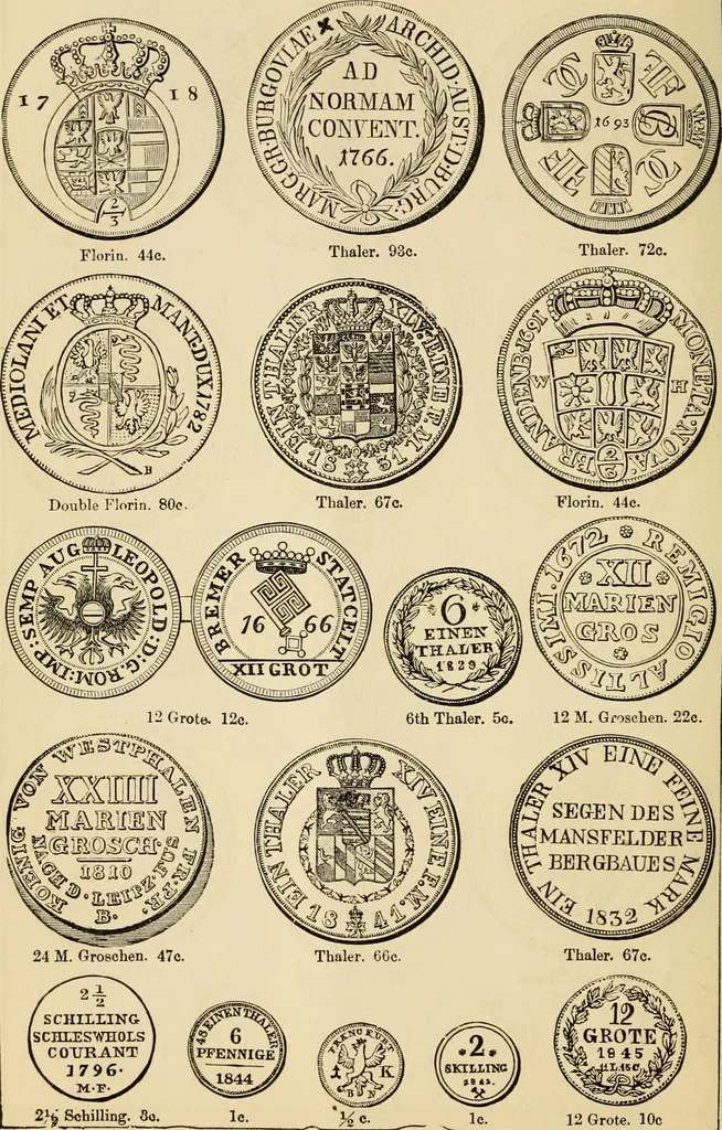 An illustration from coin chart manual : supplementary to Thompson's Bank note and commercial reporter, containing facsimiles of all the gold and silver coins found in circulation, throughout the world, with the intrinsic value of each, The, 1879, leaf 41
