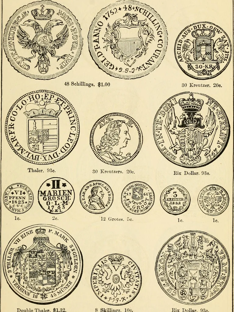 An illustration from coin chart manual : supplementary to Thompson's Bank note and commercial reporter, containing facsimiles of all the gold and silver coins found in circulation, throughout the world, with the intrinsic value of each, The, 1879, leaf 42