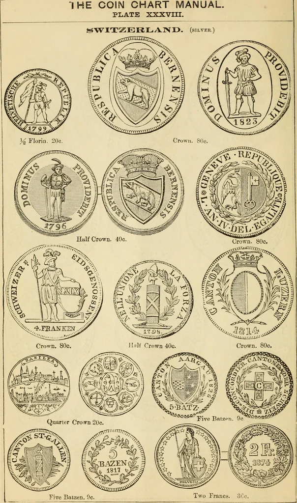 An illustration from coin chart manual : supplementary to Thompson's Bank note and commercial reporter, containing facsimiles of all the gold and silver coins found in circulation, throughout the world, with the intrinsic value of each, The, 1879, leaf 47