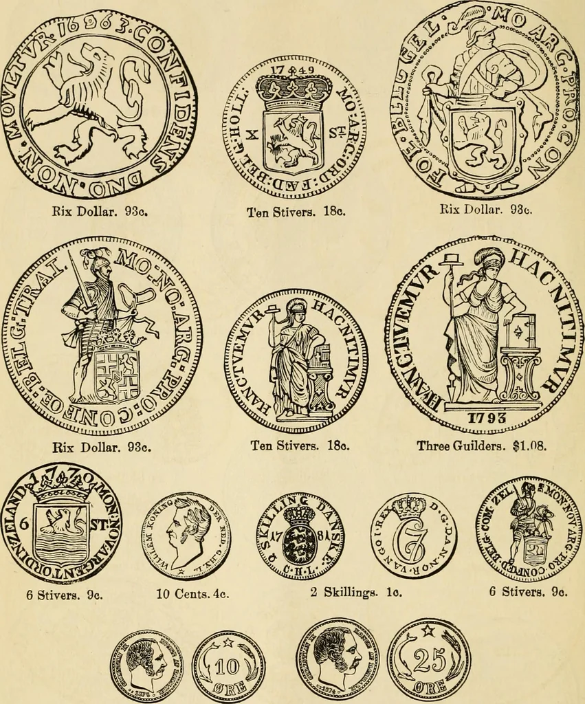 An illustration from coin chart manual : supplementary to Thompson's Bank note and commercial reporter, containing facsimiles of all the gold and silver coins found in circulation, throughout the world, with the intrinsic value of each, The, 1879, leaf 49