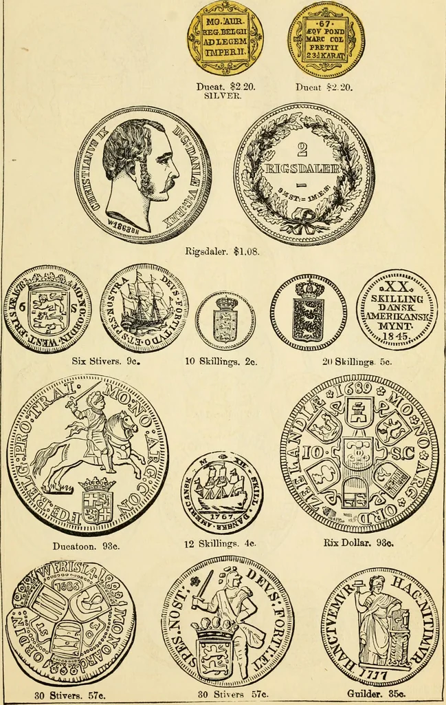 An illustration from coin chart manual : supplementary to Thompson's Bank note and commercial reporter, containing facsimiles of all the gold and silver coins found in circulation, throughout the world, with the intrinsic value of each, The, 1879, leaf 50