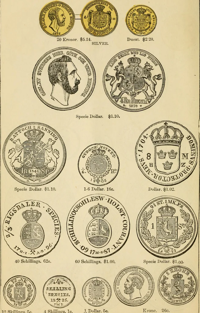 An illustration from coin chart manual : supplementary to Thompson's Bank note and commercial reporter, containing facsimiles of all the gold and silver coins found in circulation, throughout the world, with the intrinsic value of each, The, 1879, leaf 51