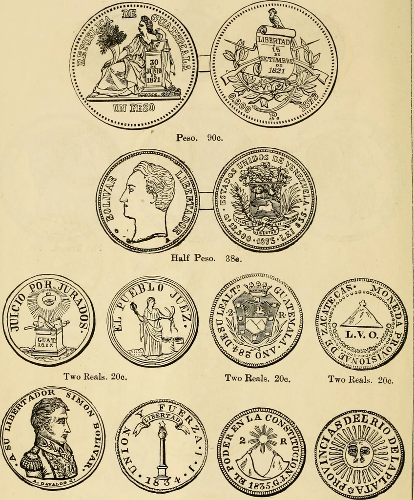 An illustration from coin chart manual : supplementary to Thompson's Bank note and commercial reporter, containing facsimiles of all the gold and silver coins found in circulation, throughout the world, with the intrinsic value of each, The, 1879, leaf 57
