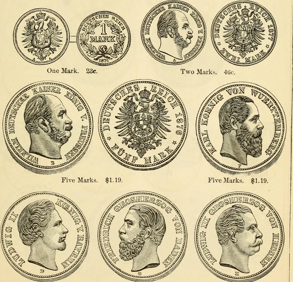 An illustration from coin chart manual : supplementary to Thompson's Bank note and commercial reporter, containing facsimiles of all the gold and silver coins found in circulation, throughout the world, with the intrinsic value of each, The, 1879, leaf 58