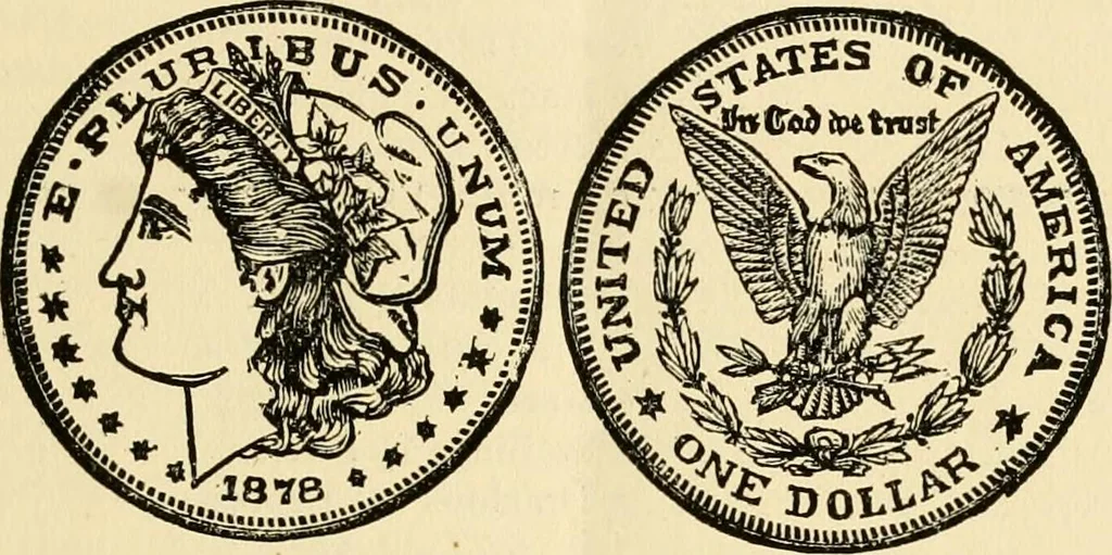 An illustration from coin chart manual : supplementary to Thompson's Bank note and commercial reporter, containing facsimiles of all the gold and silver coins found in circulation, throughout the world, with the intrinsic value of each, The, 1879, leaf 6