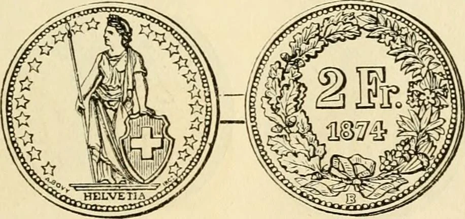 An illustration from coin chart manual : supplementary to Thompson's Bank note and commercial reporter, containing facsimiles of all the gold and silver coins found in circulation, throughout the world, with the intrinsic value of each, The, 1879, leaf 60