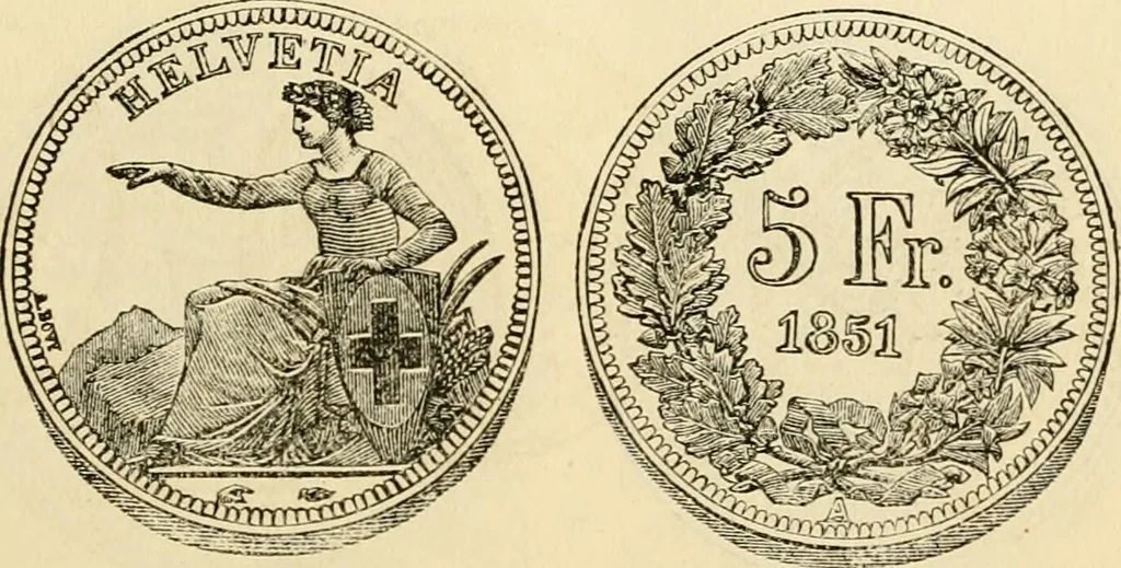 An illustration from coin chart manual : supplementary to Thompson's Bank note and commercial reporter, containing facsimiles of all the gold and silver coins found in circulation, throughout the world, with the intrinsic value of each, The, 1879, leaf 60