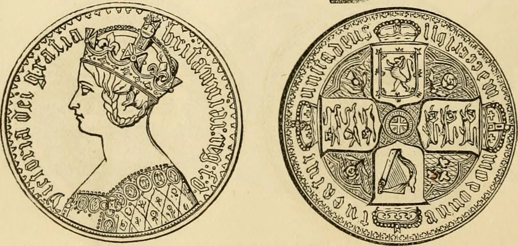 An illustration from coin chart manual : supplementary to Thompson's Bank note and commercial reporter, containing facsimiles of all the gold and silver coins found in circulation, throughout the world, with the intrinsic value of each, The, 1879, leaf 61