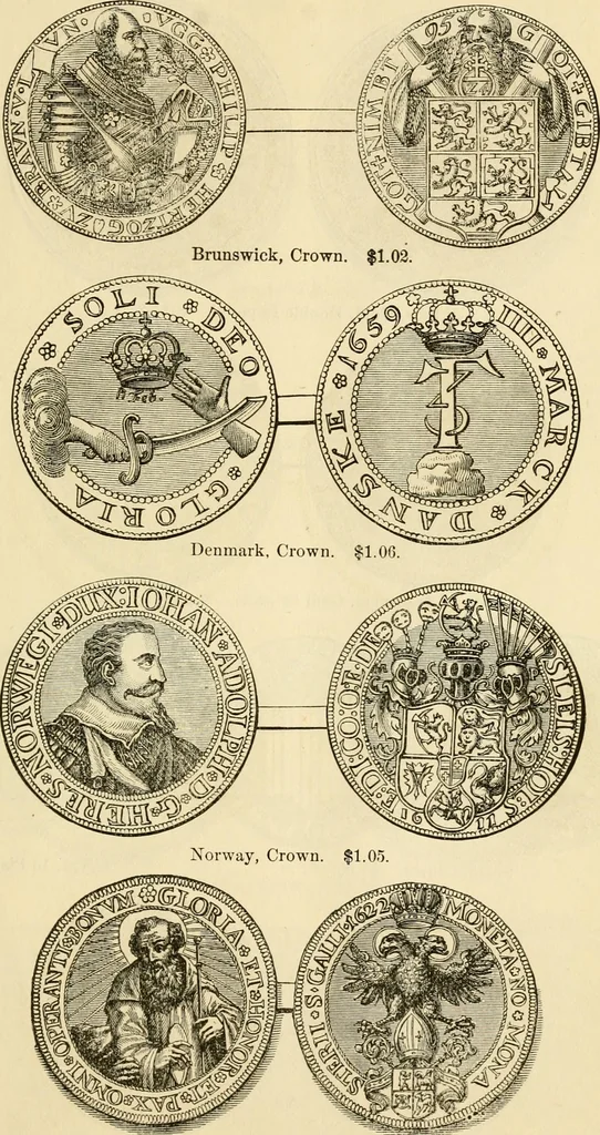 An illustration from coin chart manual : supplementary to Thompson's Bank note and commercial reporter, containing facsimiles of all the gold and silver coins found in circulation, throughout the world, with the intrinsic value of each, The, 1879, leaf 62