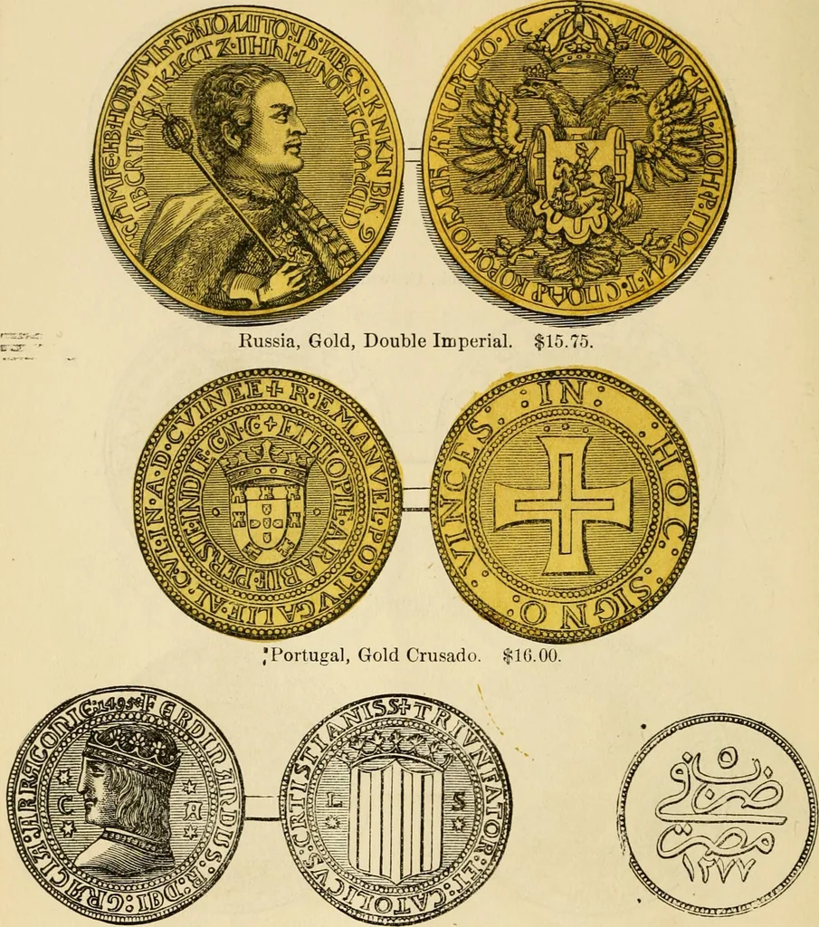 An illustration from coin chart manual : supplementary to Thompson's Bank note and commercial reporter, containing facsimiles of all the gold and silver coins found in circulation, throughout the world, with the intrinsic value of each, The, 1879, leaf 63