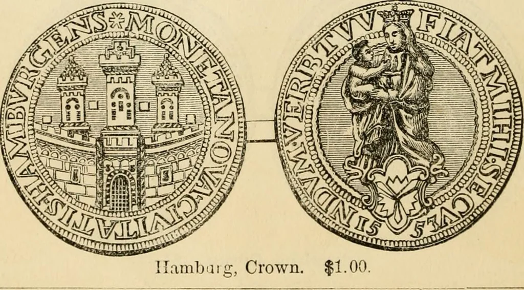 An illustration from coin chart manual : supplementary to Thompson's Bank note and commercial reporter, containing facsimiles of all the gold and silver coins found in circulation, throughout the world, with the intrinsic value of each, The, 1879, leaf 63