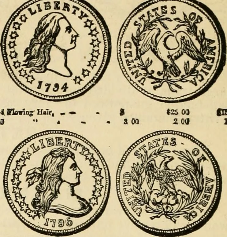 An illustration from coin chart manual : supplementary to Thompson's Bank note and commercial reporter, containing facsimiles of all the gold and silver coins found in circulation, throughout the world, with the intrinsic value of each, The, 1879, leaf 67