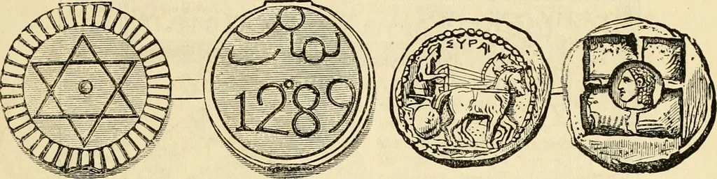 An illustration from coin chart manual : supplementary to Thompson's Bank note and commercial reporter, containing facsimiles of all the gold and silver coins found in circulation, throughout the world, with the intrinsic value of each, The, 1879, leaf 68