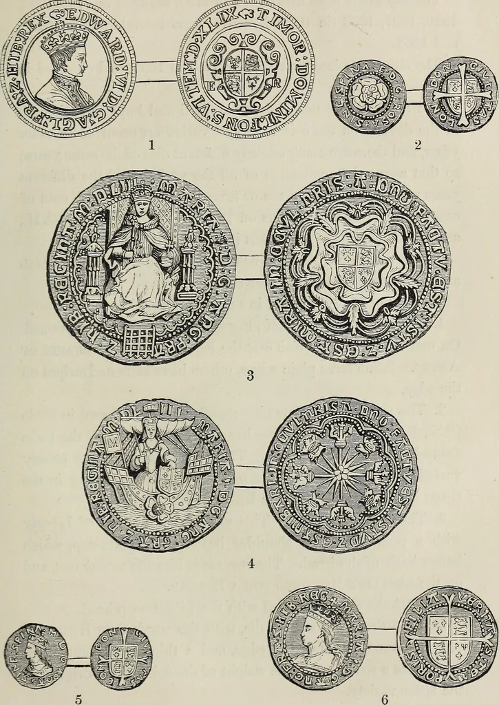 An illustration from Coins, medals, and seals, ancient and modern. Illustrated and described. With a sketch of the history of coins and coinage, instructions for young collectors, tables of comparative rarity, price lists of English and American coins, medals and tokens, &c., &c, 1861, leaf 106