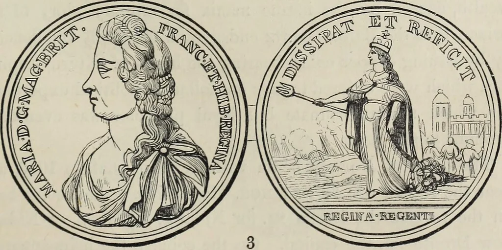 An illustration from Coins, medals, and seals, ancient and modern. Illustrated and described. With a sketch of the history of coins and coinage, instructions for young collectors, tables of comparative rarity, price lists of English and American coins, medals and tokens, &c., &c, 1861, leaf 150
